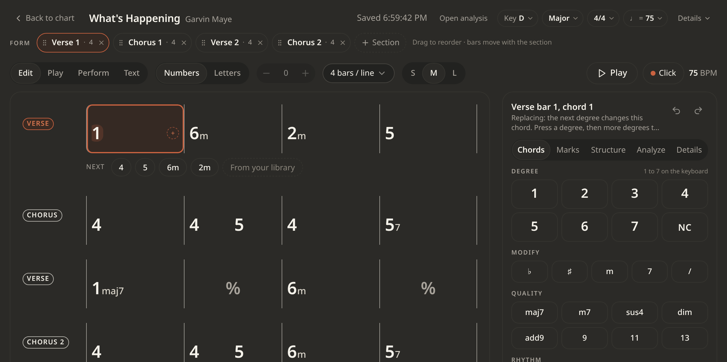 Dark Nashville number chart for What's Happening by Gavin May, with verse and chorus chords and a next-bar chord picker