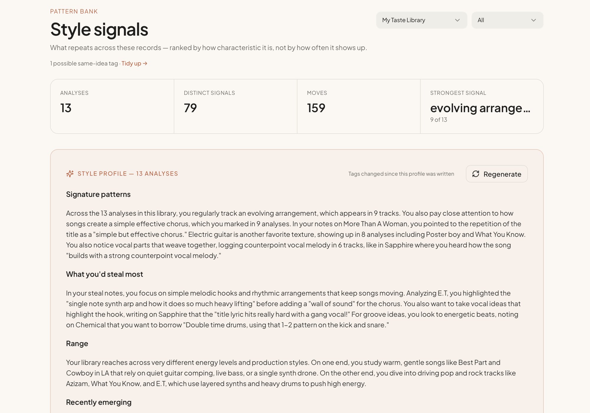 Style signals and Style Profile in the Pattern Bank