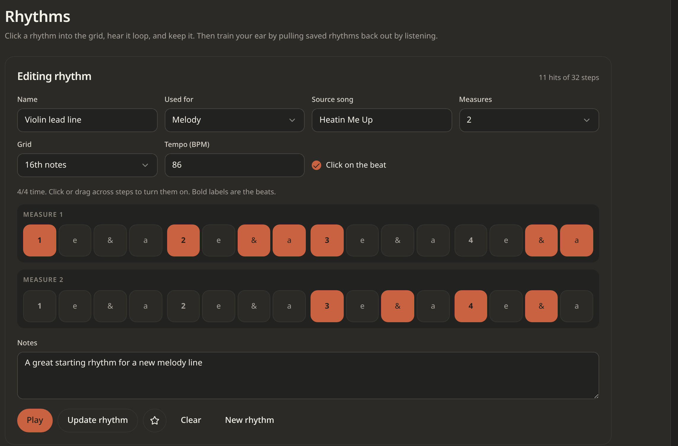 Dark Rhythms editor with an orange two-measure step grid for a steady eighth-note groove