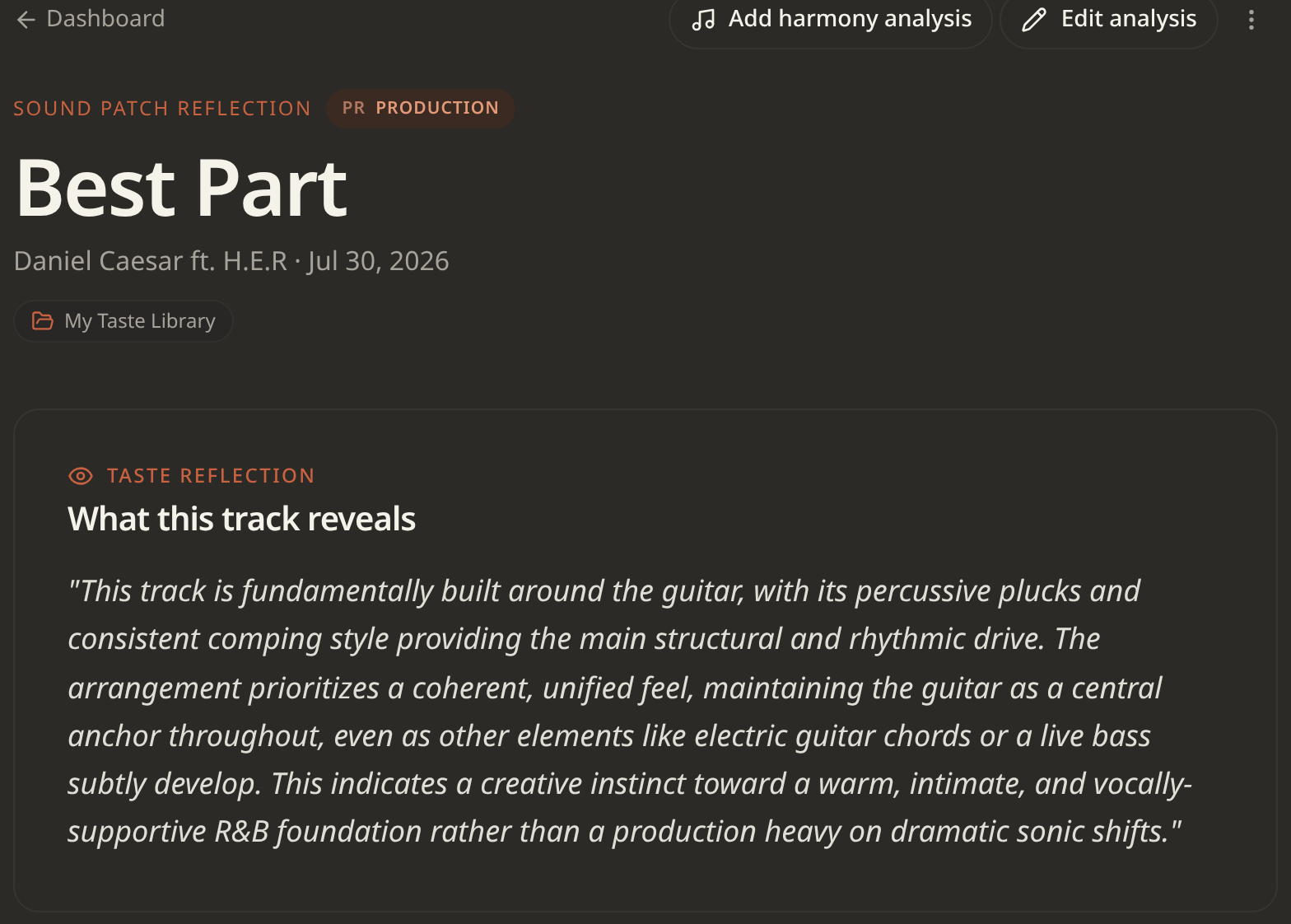Dark Taste Reflection for Best Part by Daniel Caesar and H.E.R., describing the track's guitar, percussion, and vocals