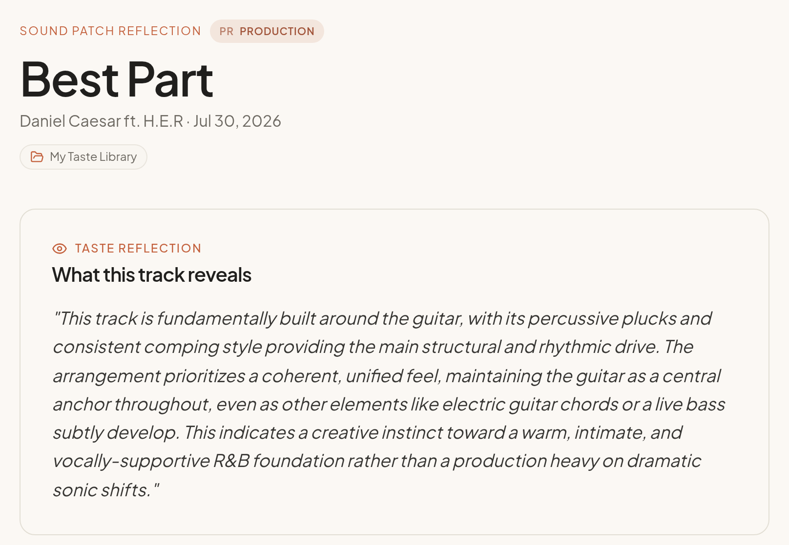 Taste Reflection for a logged song, showing what the track reveals