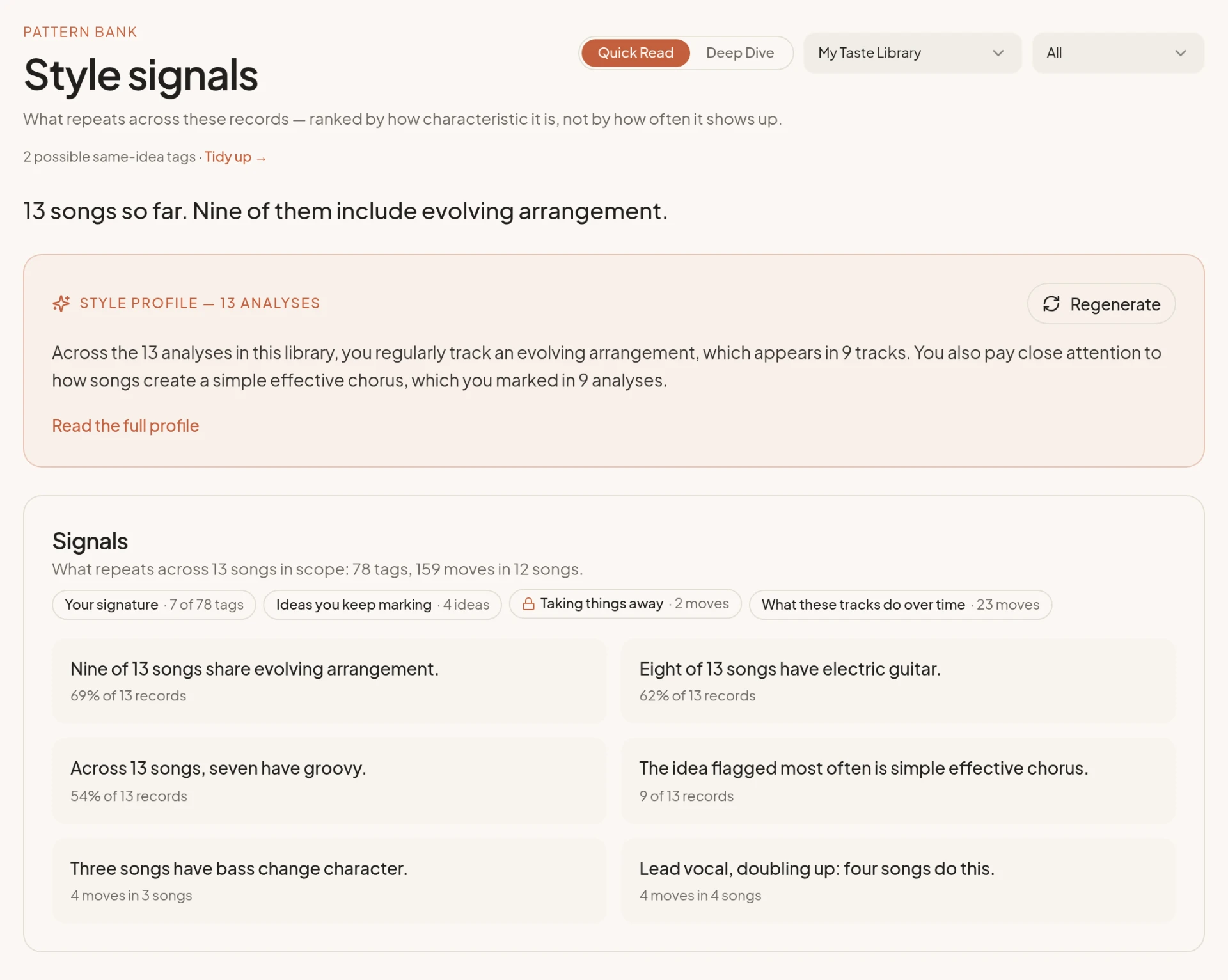 Pattern Bank with style signals and a Style Profile built from your logged songs