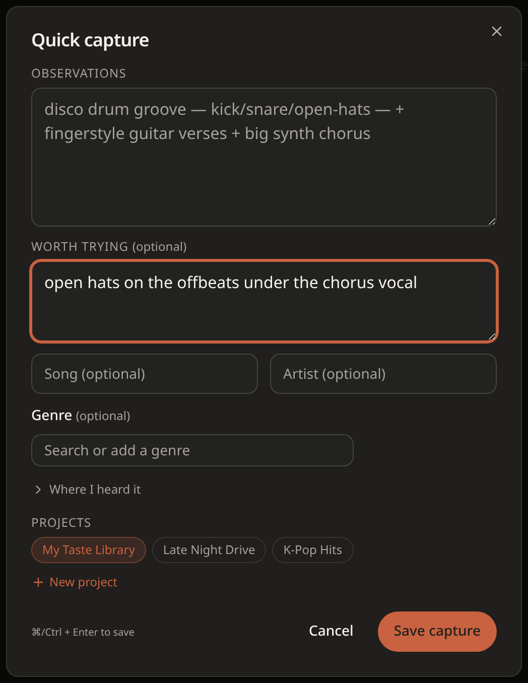 Dark Quick capture modal with song notes, a chorus-vocal observation, and project selection