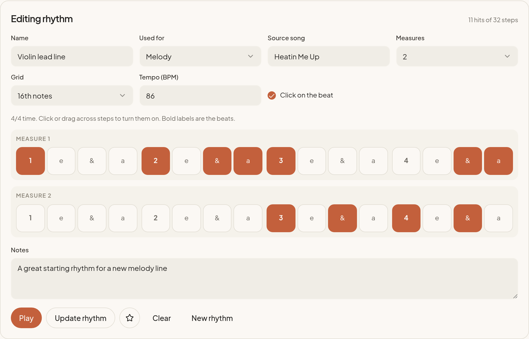 Two-measure rhythm grid with a saved groove programmed step by step