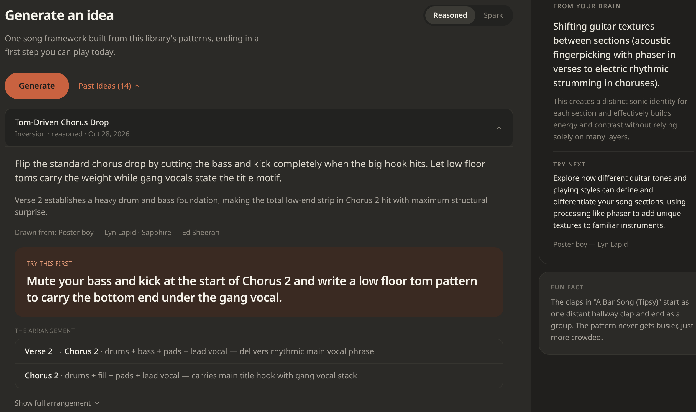 Dark Generator with a two-bar chorus-drop idea, arrangement sections, and the songs behind the move