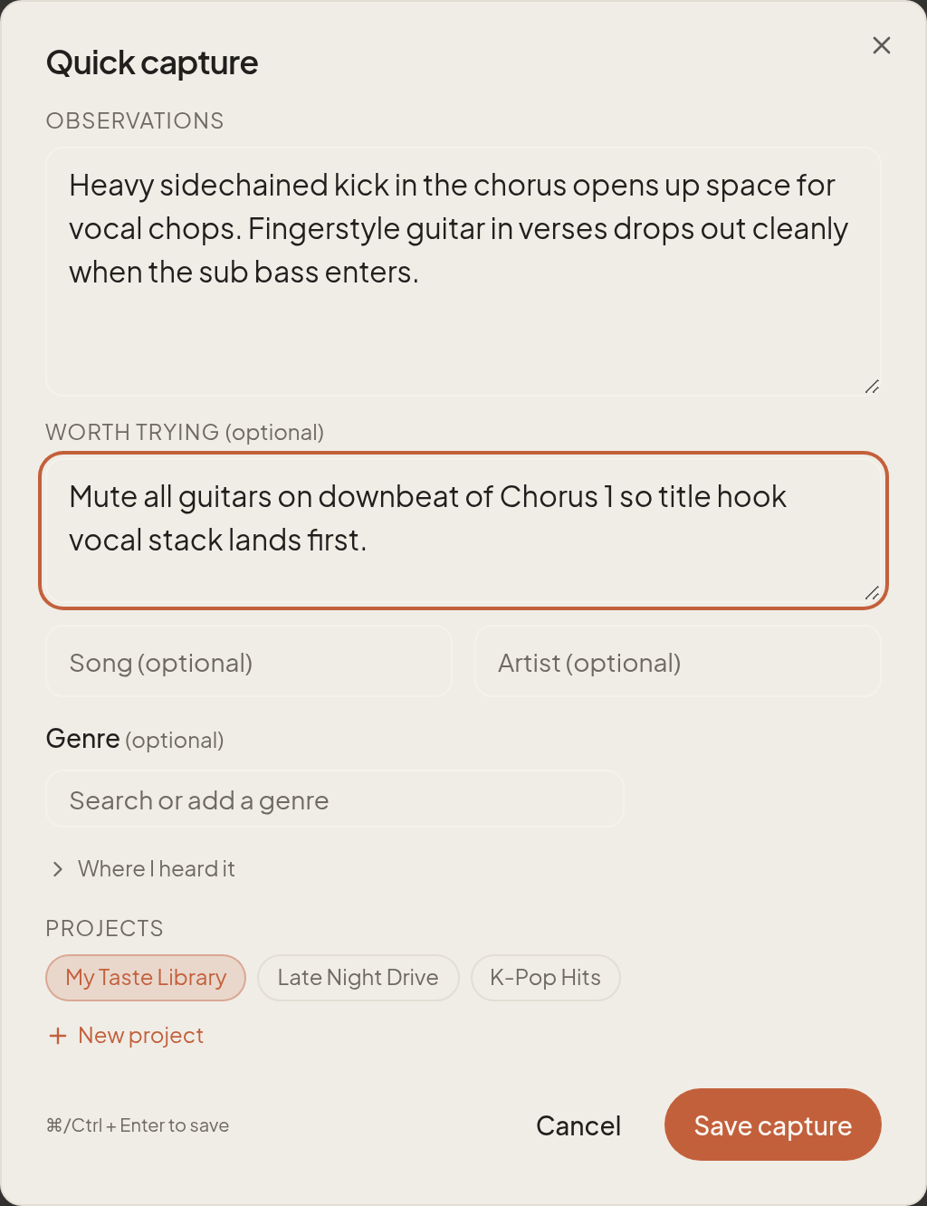 Quick capture modal for logging what you noticed in a song