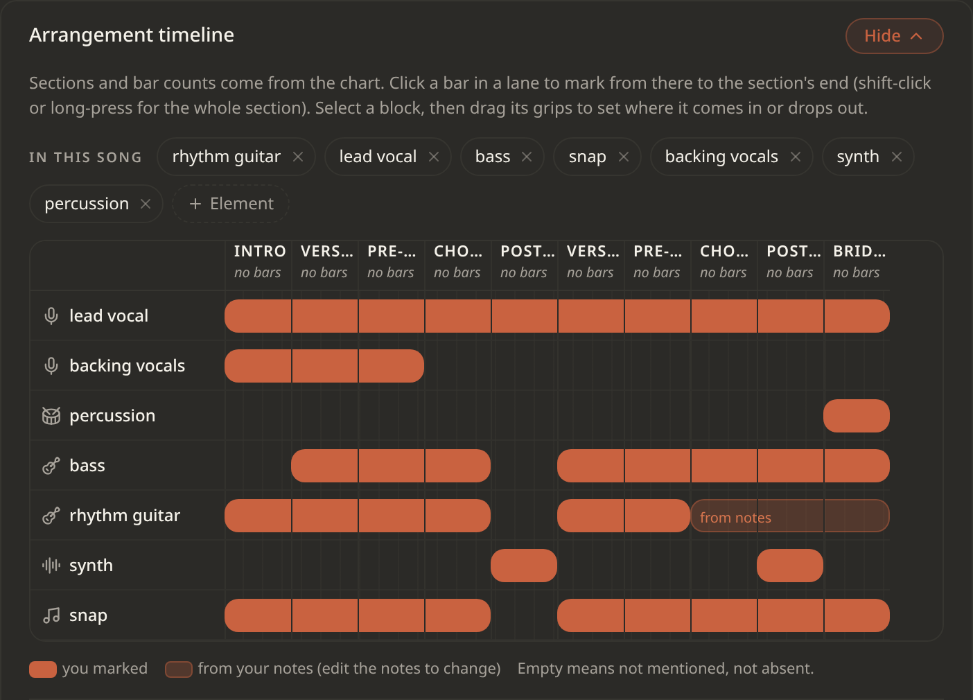 Dark Elements arrangement timeline with orange instrument blocks across intro, verse, pre-chorus, chorus, and bridge sections